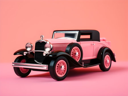 Vintage toy car. Retro car parked on pink backgroundの素材