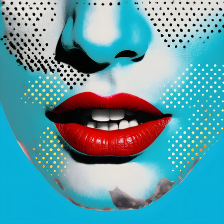 Punk y2k collage elements. Eyes and lips and ear in halftone treatment. Retro magazine clippings. Mouth on blue background.の素材