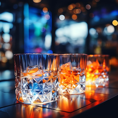 A glass with ice water and ice cubes on a blurred blue background. A refreshing and chilling drink. Almost empty glass at night. Empty Glass with ice cube.の素材