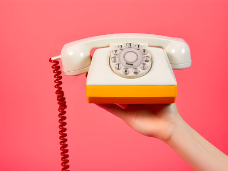 Calling. Retro objects, pop art photography. Female hand holding handset of vintage phone isolated on yellow background.の素材