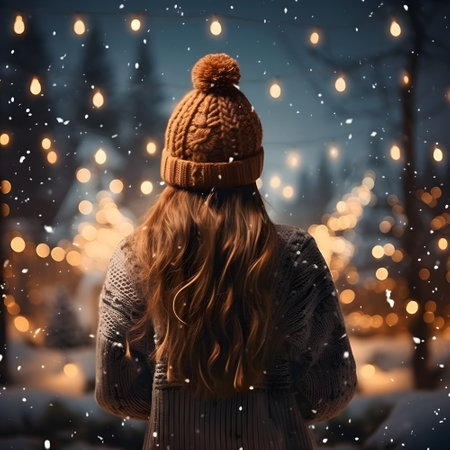 A woman in an oversized sweater and knitted beanie, winter scene, fairy lights, back viewの素材