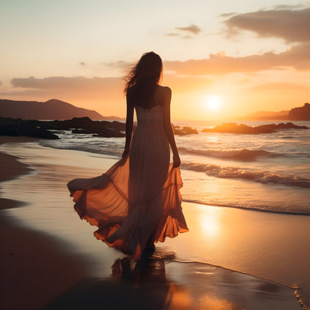 Art dark mysterious silhouette woman on sea shore nature air. Meditation prayer spiritual blessing divine calm. Summer Sun light. Happy Young princess long dress hair fluttering. back View. joy travelの素材