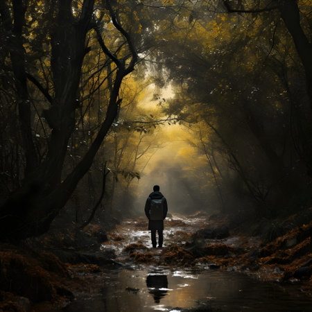 A man standing alone in the rainy forest with three paths in front of him moody autumn. Man hiking along trail in foggy forestの素材