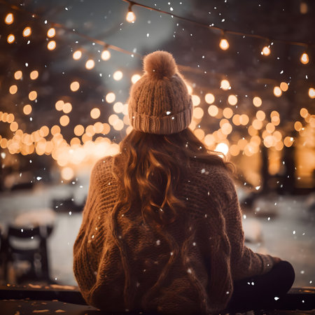 A woman in an oversized sweater and knitted beanie, winter scene, fairy lights, back viewの素材