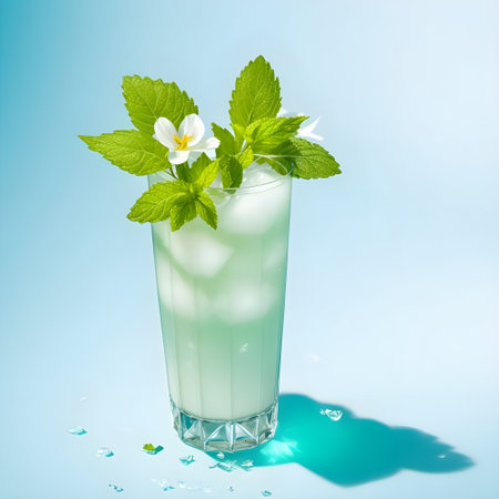 Transparent glass of fresh cocktail with mint leaves and flowers placed on surface against blue background.の素材