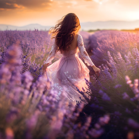 Happy woman back view with hat walking through in lavender flower filedの素材