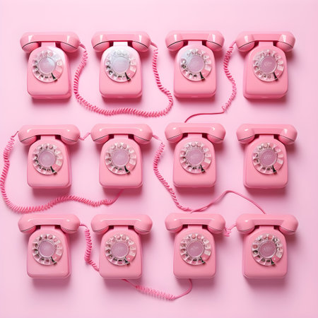 Creative layout with pink retro phone with yellow gummy bears on pastel pink background. 80s or 90s retro fashion aesthetic telephone concept. Minimal romantic handset idea.の素材