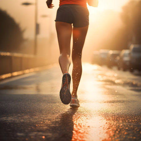Close up on legs of a woman running on foggy morning after the rain. Runners legs on a sunrise.の素材