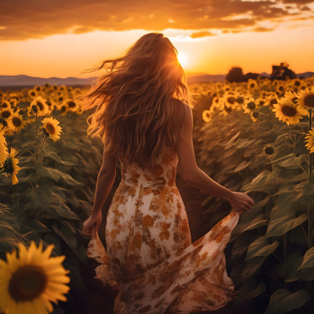 Back view of woman walking by blooming sunflower field at sunset. Young woman walking in the field with sunflowers.の素材