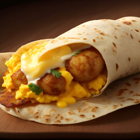Breakfast burrito with sausage, scrambled eggs, hashbrown potatoes and cheeseの素材