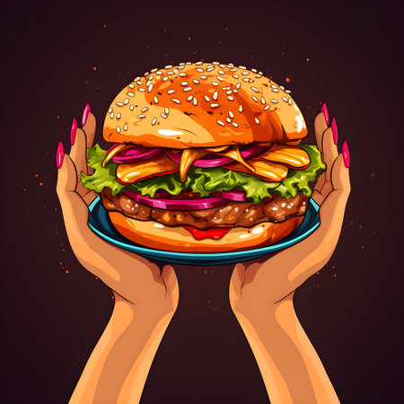 Vector hand drawn cartoon set illustration of human hands with hamburger, vector illustration isolated on black backgroundの素材