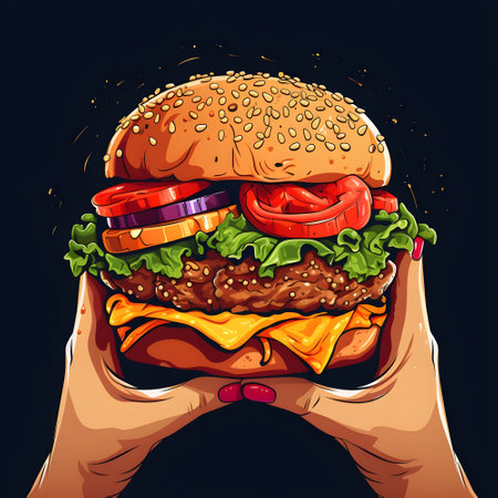 Vector hand drawn cartoon set illustration of human hands with hamburger, vector illustration isolated on black backgroundの素材