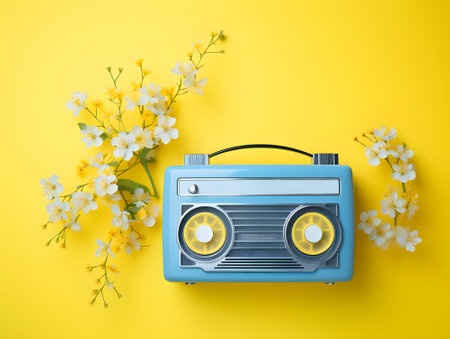 old radio receiver light blue color isolated on yellow background with copy spaceの素材
