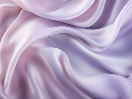Beautiful silk flowing swirl of pastel gentle calming lilac and light purple cloth background. Mock up template for product presentation. Fabric texture background.の素材