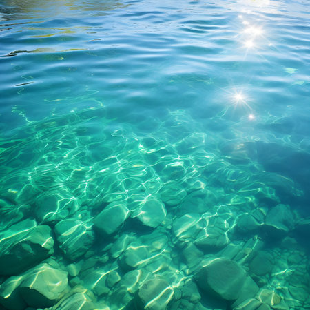 Beautiful blue green water background. Ripples on the surface of water. Turquoise blue sea water wave pattern.の素材