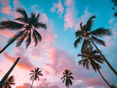 Tropical scenery background with coconut palm trees in front of beautiful sky with pink clouds. a group of palm trees in front of a pink sky.の素材