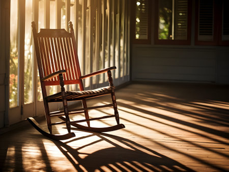 Green rocking chair on a sunlit patio. Front Porch. Rocking chairs on deck overlooking.の素材