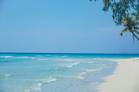 Nature tropical beach sea. Beautiful beach blue sea water at Koh Kood, Thailand. Turquoise Blue beach with white soft sand and lush green trees. Tropical beach with blue sky and white clouds. Summer vacation and holiday business travel concept.の写真素材