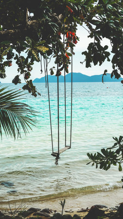 Wooden swing chair hanging on tree near beach at island in Thailand. Summer Vacation Travel and Holiday concept. wooden swing on beautiful beach with sunlight, concept time to travel in vacationの写真素材