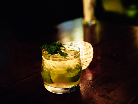 Mojito or virgin mojito long rum drink with fresh mint, lime juice, cane sugar and soda. Refreshing summer alcoholic cocktail mojito with ice, fresh mint and limeの写真素材