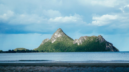 Ao Manao beach, landmark of the tourist destination of Prachuap Khiri Khan, Thailand. Summer landscape with sea and mountain range.の写真素材