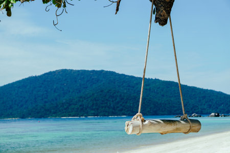 Wooden swing chair hanging on tree near beach at island in Thailand. Summer Vacation Travel and Holiday concept. wooden swing on beautiful beach with sunlight, concept time to travel in vacationの写真素材