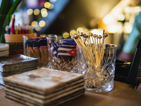Equipment for Table setting. Decorative dishes in the cafe, Coasters, fruit picks, flags.の写真素材