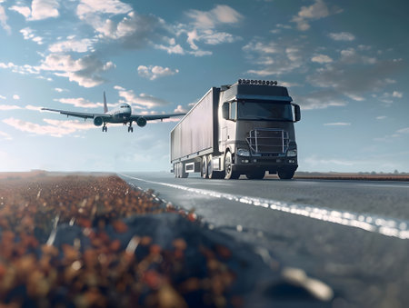 Transportation and logistics technology. Global business logistics import export and container cargo truck on highway, transportation industry concept.の素材