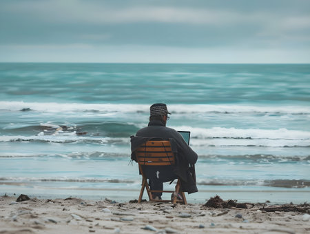 Beach, work and black man reading an email on a laptop while working by ocean. Relax and happy businessman doing remote business on a chair at the beach with computerの素材