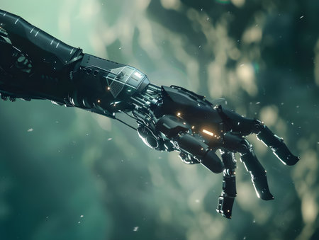 Futuristic robotic hand reaching out, concept of artificial intelligence. Robotic futuristic hand, future hand concept.の素材