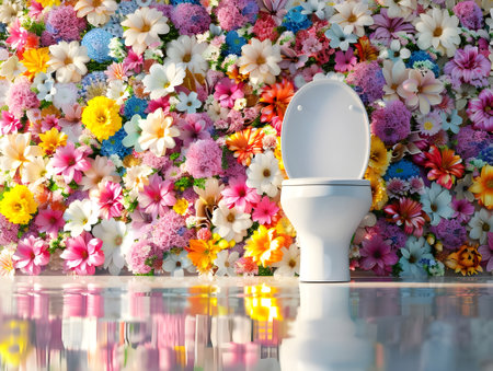 A white toilet covered with tropical flowers wall. Green toilet in ecofriendly environment. Flower in rest room.の素材