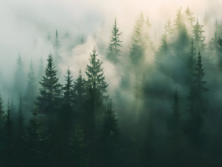 Misty pine forest wood at sunrise sun shine. the sun shines through the trees in a forest filled with green grass and tall, thin, thin trees.の素材
