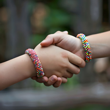Two children shaking and holding hands wears bracelets. Sisters Holding Hands.の素材