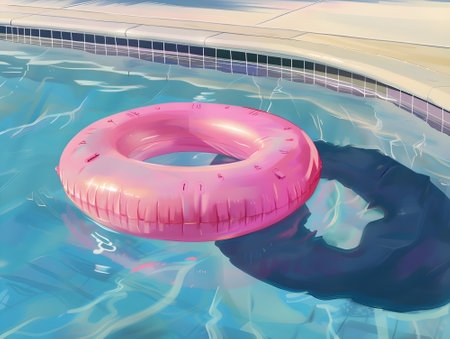 Vibrant Bright pink inflatable ring in sunny blue swimming pool. Pink donut ring Floating on water.の素材