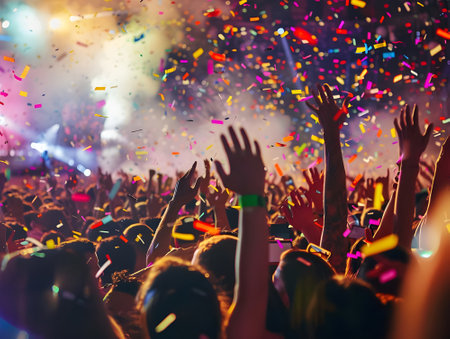 Crowd of people having fun while watching, dj on stage with lights on head and raise your hand in the air at music festivalの素材