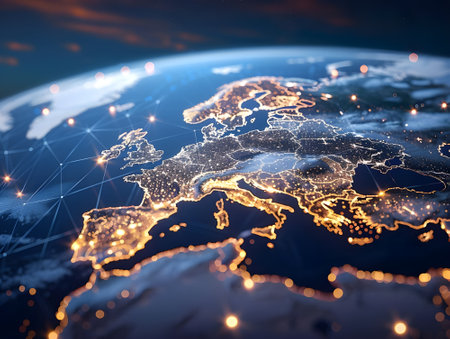 Global communications. Connection line icons on world map with blurred city and transportation system background. Global wireless connection technology and worldwide business online concept.の素材
