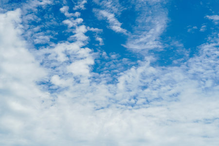 Blue sky background with tiny clouds. Nature abstract background for your design. Beautiful wispy...