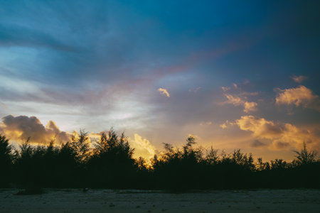 Sunset at the beach. Palm trees sunset background. Waves, sky with hues of orange, pink, and purple sun. Amazing island palms beach background. The sun resort vacation. Thailand nature sunset landscapeの写真素材