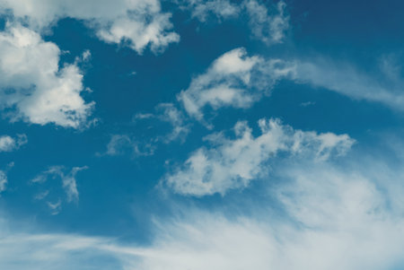 Beauty clear cloudy in sunshine calm bright winter air background. Blue Sky Background And White Clouds Soft Focus. Blue Sky Is Covered By White Clouds.の写真素材