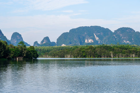 Limestone rock formations pass through the water Lake in Nong Thale District in Krabi, Thailand. End of afternoon photo of a lake with the reflection of rocks and plants.の写真素材