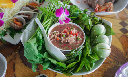 Fermented Chili Paste with Fresh Vegetables. Healthy food style. Thai cuisine Namprik kapi or chili...
