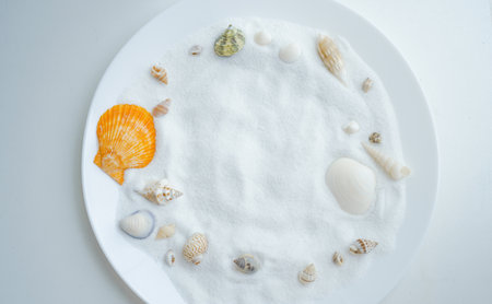 Shells arranged in cycle, Assorted seashells frame on pale white background. Marine border design...