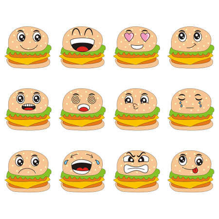 Vector illustration of a very fresh collection of cartoon burger with funny and smiling facial expressionsのイラスト素材