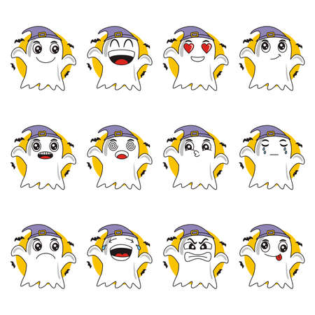 cartoon illustration of a ghost flying at night with various funny facial expressionsのイラスト素材