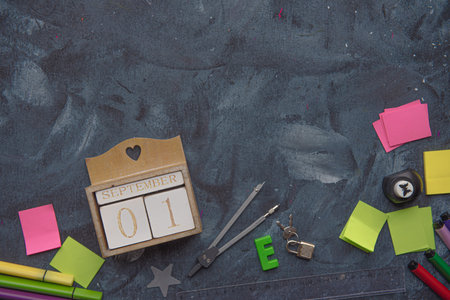 top view of wooden calendar with 10th birthday date on blackboardの写真素材