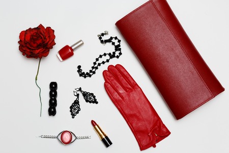 flat lay feminini red clothes and accessories collage on whiteの写真素材