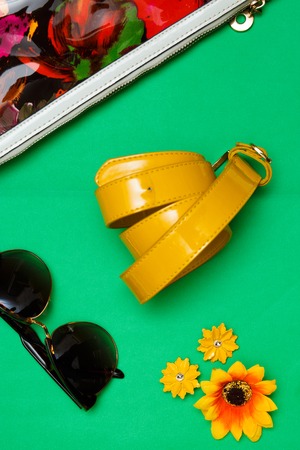 overhead of a set of accessories for sexy womanの写真素材