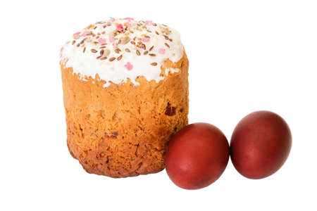 Easter cake and painted eggs isolated on white backgroundの写真素材