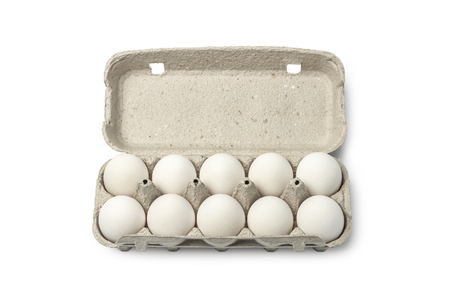 Cassette of chicken eggs isolated on whiteの写真素材