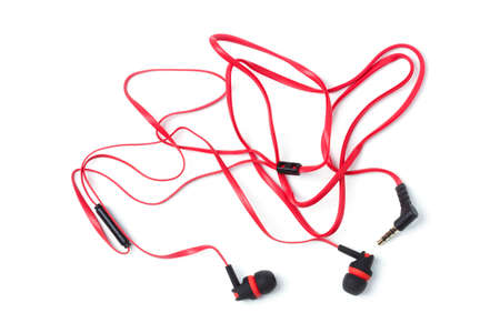 Headphones for smartphone with red wire isolated on white background